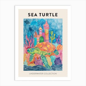 Sea Turtle With An Underwater Castle Pencil Crayon Scribble Poster Art Print