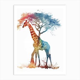 Giraffe Under The Acacia Tree Watercolour 4 Art Print