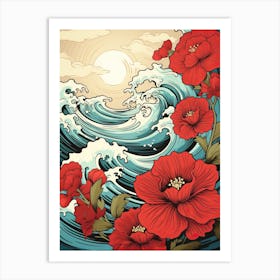 Great Wave With Poppy Flower Drawing In The Style Of Ukiyo E 2 Art Print