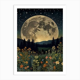 Full Moon In The Meadow Style William Morris 1 Art Print Art Print