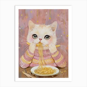 White And Tan Cat Pasta Lover Folk Illustration 2 Art Print