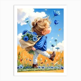 Little Girl With Blue Flowers Art Print