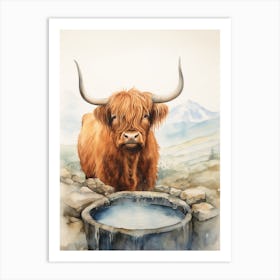Highland Cow Drinking Water From Trough 2 Art Print