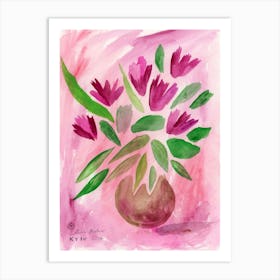 Magenta Flowers - watercolor painting floral art vertical hand painted living room bedroom pink red Art Print