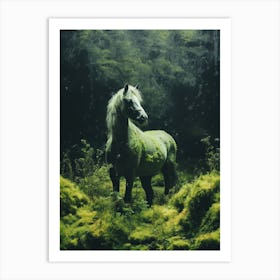 Horse standing in a field of moss in the style of cosmic art Art Print