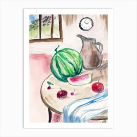 Watermelon Time - hand painted watercolor vertical kitchen still life art dining Art Print