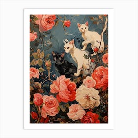 Brushstroke Painting Of Three Cats With Flowers Art Print