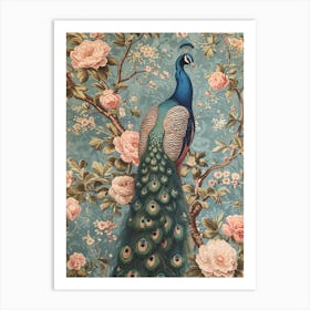 Vintage Floral Peony Pink & Blue Peacock Art Print
