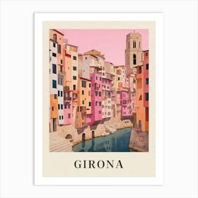 Girona Spain 4 Vintage Pink Travel Illustration Poster Art Print