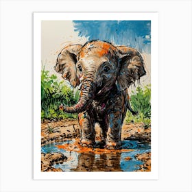 Baby Elephant In Puddle 1 Art Print