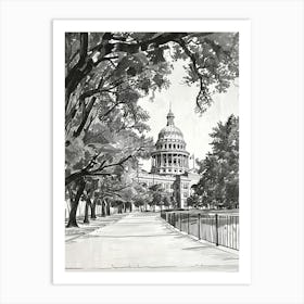 The Texas State Capitol Austin Texas Black And White Drawing 4 Art Print