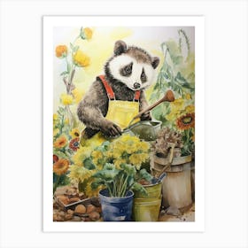 Panda Art Gardening Watercolour 4 Art Print