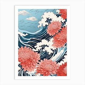 Great Wave With Chrysanthemum Flower Drawing In The Style Of Ukiyo E 3 Art Print