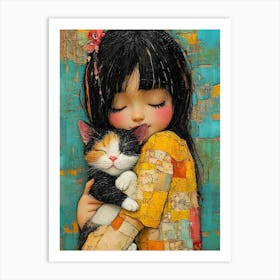 Little Girl Hugging A Cat Art Print