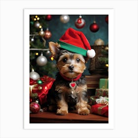 Yorkie Puppy In Christmas Hat Art Print