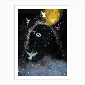 Hummingbirds Under a Golden Moon – Ethereal Night Scene Art Print