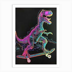 Neon Dinosaur Line Illustration On A Skateboard 1 Art Print