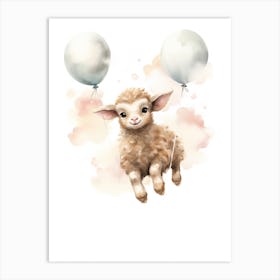 Baby Sheep Flying With Ballons, Watercolour Nursery Art 4 Art Print