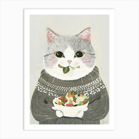 Cute Grey Cat Eating Salad Folk Illustration 2 Art Print