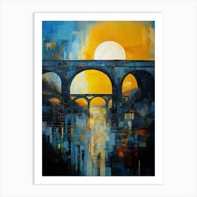 Blue Bridge with Sun IV, Modern Vibrant Colorful Painting in Oil Style Art Print