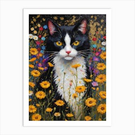 Klimt Style Tuexdo Cat in Colorful Garden Flowers Meadow Gold Leaf Painting - Gustav Klimt and Monet Waterlillies Poppies Daisies Inspired Textured Wall Decor - Super Vibrant HD High Resolution Art Print