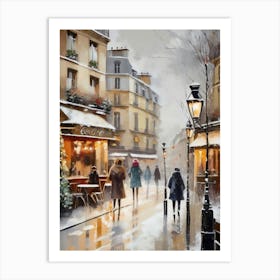 Paris cafes, winter season, Christmas, autumn oil colors, pale colors, pedestrians in the street, winter clothes, falling snow.Christmas decorations.9 1 Art Print