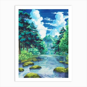 Anime Canvas Art: Vibrant Lofi Nature Scene for Home Decor, Serene Forest & Mountain Scenery, Perfect for Anime Fans Art Print