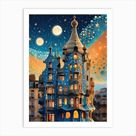 Casa Batllo Barcelona ~ Spain Travel Adventure Visionary Wall Decor Futuristic Sci-Fi Trippy Surrealism Modern Digital Psychedelic Cubic Fantasy Art Full Moons Stars Mandala Spiritual Fractals Space DMT Vibrant Art Print