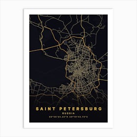 Saint Petersburg Russia Black And Gold Map Art Print