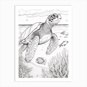 Realistic Sea Turtle Line Illustration Art Print