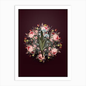 Vintage Iris Fimbriata Flower Wreath on Wine Red n.2397 Art Print