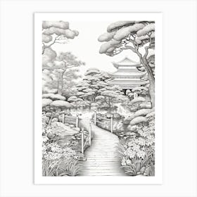 Rikugien Garden In Tokyo, Ukiyo E Black And White Line Art Drawing 2 Art Print