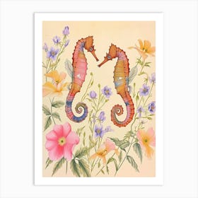 Folksy Floral Animal Drawing Seahorse 2 Art Print