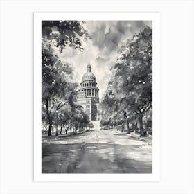 The Texas State Capitol Austin Texas Black And White Watercolour 2 Art Print