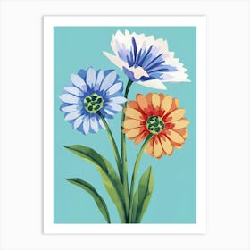 Three Flowers On A Blue Background Art Print