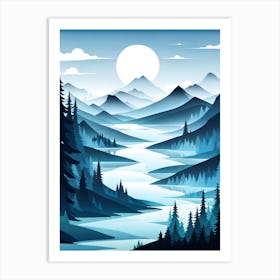 Landscape With Mountains And River, vector art Art Print