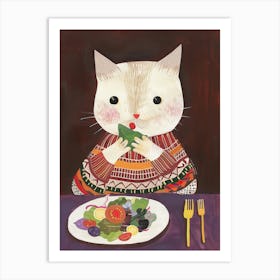 Cute White Tan Cat Eating Salad Folk Illustration 4 Art Print