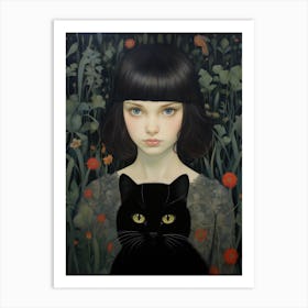 Girl With A Black Cat Art Print