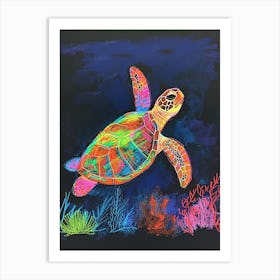 Neon Sea Turtle In The Sea At Night 4 Art Print