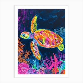 Neon Underwater Sea Turtle Doodle 2 Art Print