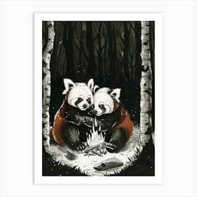 Red Pandas Sitting Together By A Campfire Ink Illustration 4 Art Print