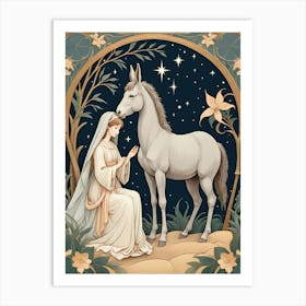 Elegant Nativity Scene with Mary and White Donkey in Art Nouveau Style Art Print