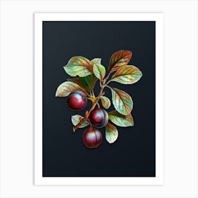 Vintage Cherry Plum Botanical Watercolor Illustration on Dark Teal Blue n.0826 Art Print
