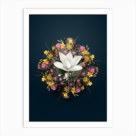 Vintage White Southern Magnolia Flower Wreath on Teal Blue Art Print