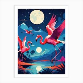 Flamingos At Night Art Print