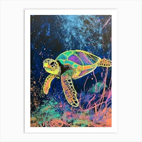 Colourful Sea Turtle Exploring Deep Into The Ocean Crayon Doodle 4 Art Print