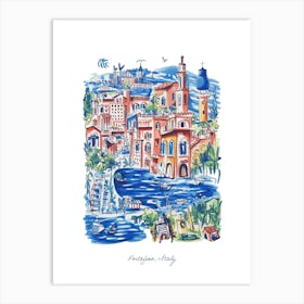 Portofino Italy Illustration Line Art Travel Blue Art Print