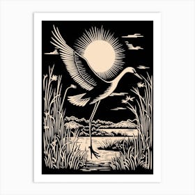 B&W Bird Linocut Crane 4 Art Print