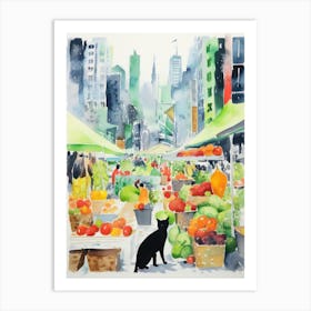 Food Market With Cats In New York 2 Watercolour Art Print