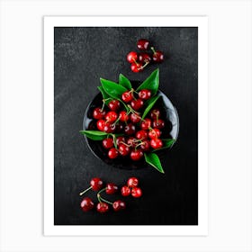 Cherries with leaves — Food kitchen poster/blackboard, photo art Art Print